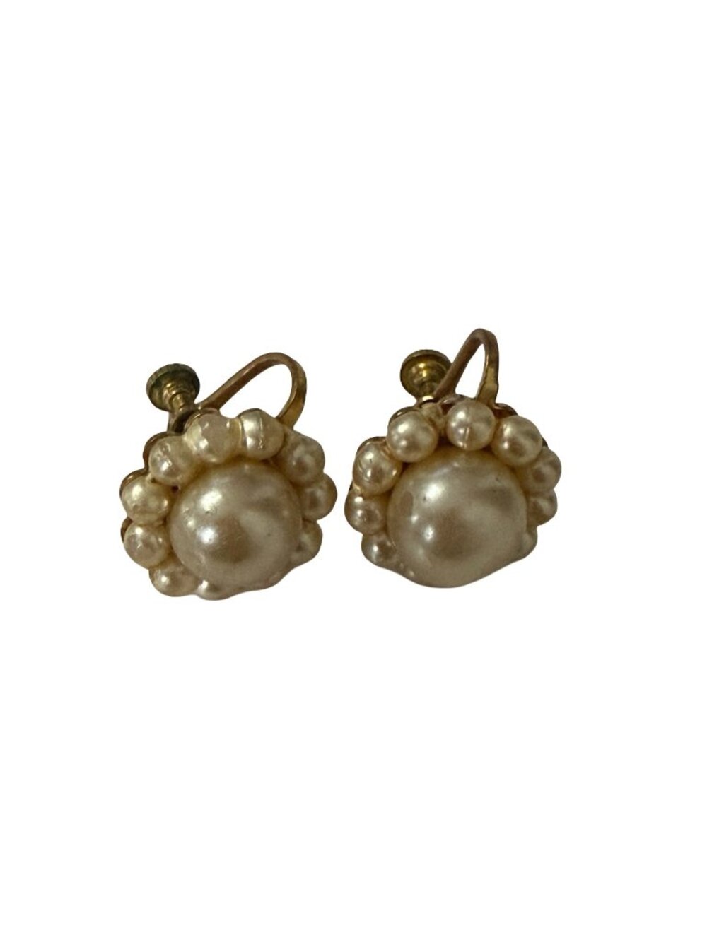 Vintage Faux Pearl Cluster Screw Back Earrings Gold Tone Mid Century Bridal
